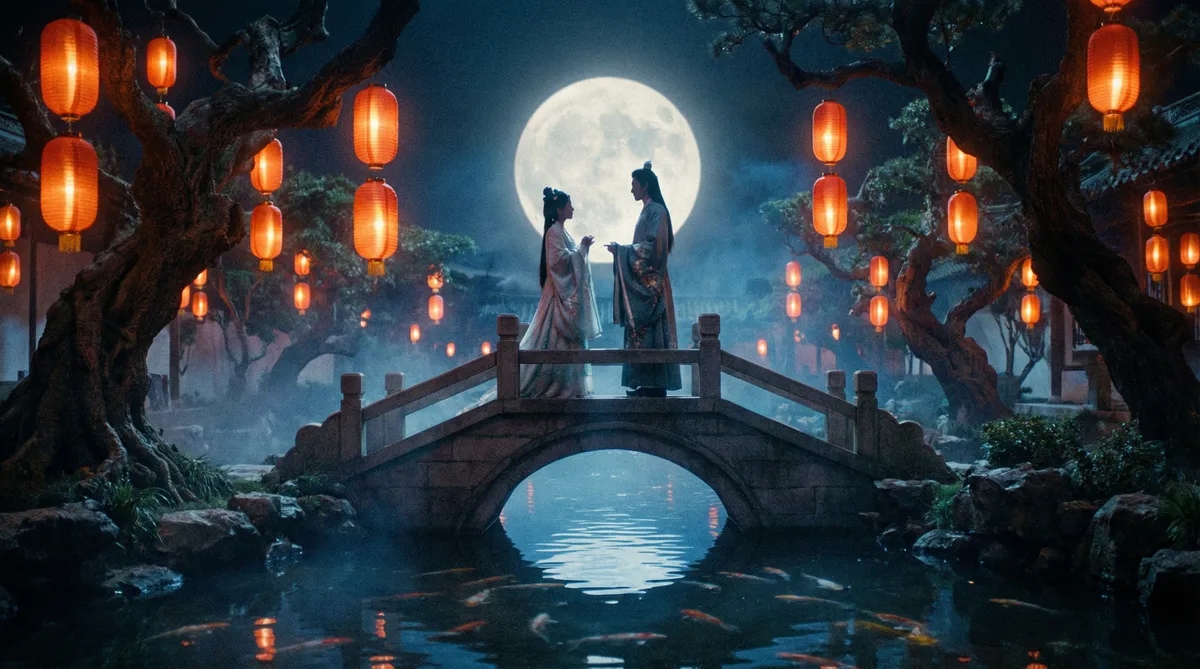 丝瓜视频古典爱情片拍摄剧照-月下花园场景